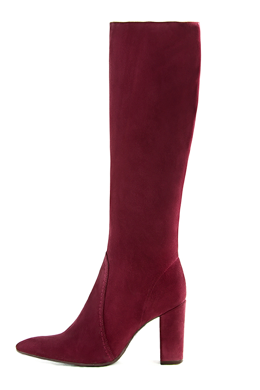 Burgundy red women's feminine knee-high boots. Tapered toe. Very high block heels. Made to measure. Profile view - Florence KOOIJMAN